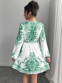 Chiquease Women's Vacation Floral Print Lantern Sleeve Fashion Dress - Green - View 2