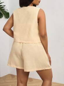 SHEIN PETITE CURVE 大码休闲抽绳背心和短裤 2 件套 - 黃色 - 查看 2