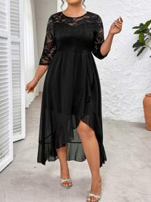 SHEIN Clasi Plus Size Women Lace Patchwork Asymmetrical Hem Dress