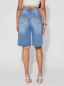 SHEIN Unity Short Jort Spring Pearl Detail 5 Pockets Baggy Festival Summer Denim Streetwear Brunch Preppy Thanksgiving Christmas NYE New Years Eve Outfits For Women - Blue - View 2