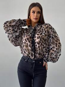 Firerie Blusa holgada con decoración de volantes de estampado de leopardo, elegante y romántica, adecuada para fiesta, vacaciones, vuelta al colegio, cita romántica, boda y cumpleaños - Multicolor - Ver 6