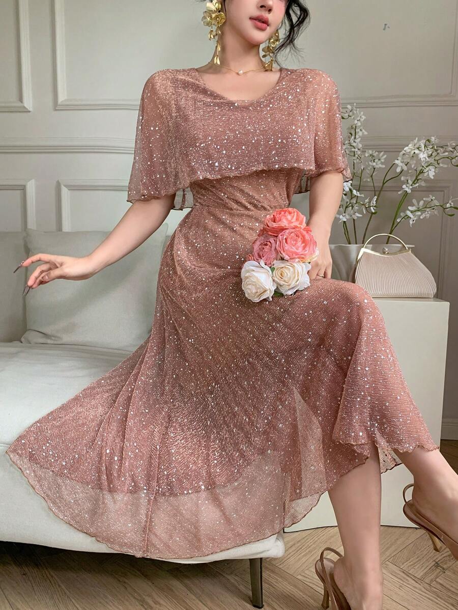 DAZY Đầm maxi nữ màu trơn cổ chữ V thanh lịch viền bèo nhún, dáng dài ngang gối, đầm dạ hội sang trọng, đầm đính sequin lấp lánh. - Rượu sâm banh - Xem 1