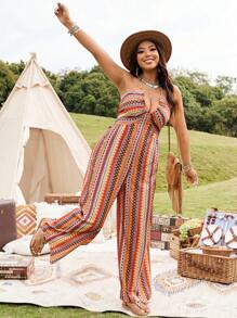 SHEIN LUNE Plus Size Bohemian Print Jumpsuit - Multicolor - View 1