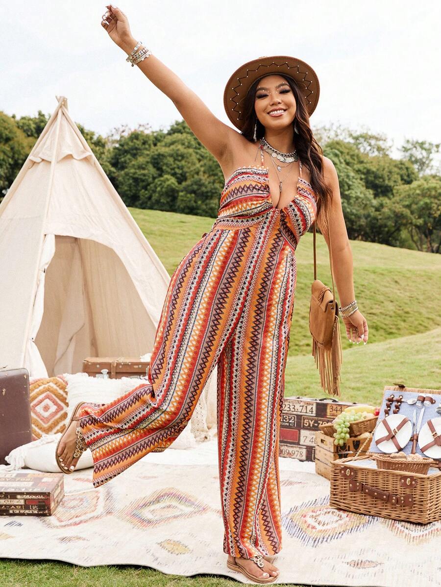 SHEIN LUNE Plus Size Bohemian Print Jumpsuit - Multicolor - View 1
