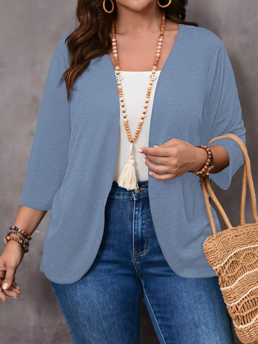 EMERY ROSE Plus Size Vacation Casual Solid Color Teacher Fall Coat - Baby Blue - View 1