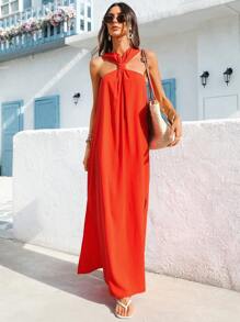 Vivid Eden 无袖露背侧开衩沙滩裙，春夏 - 橘色 - 查看 4