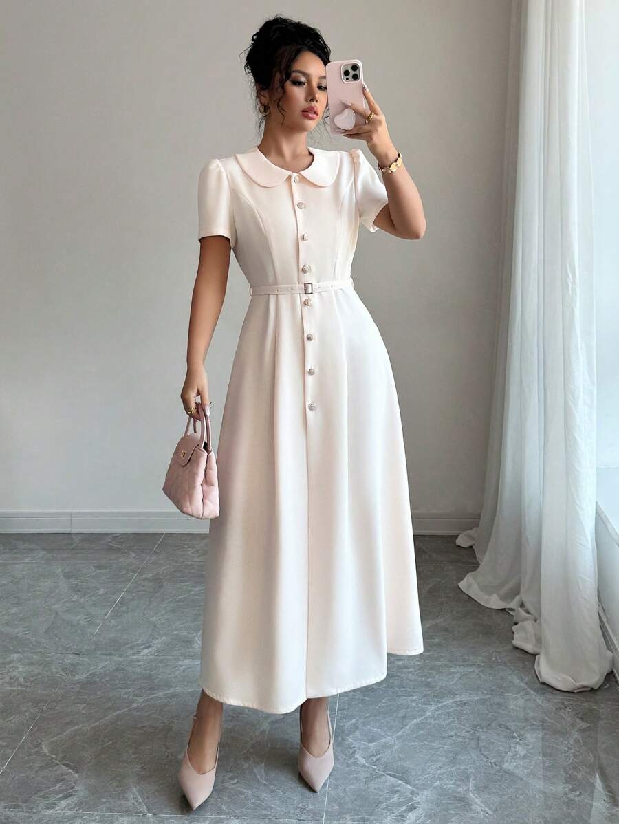 Chiquease 女式纯色彼得潘领泡泡袖单排扣迷你连衣裙 - 白色 - 查看 1