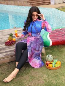 Swim Shayni Plus Size Women's Bohemian Style Burkini Set, Black Patchwork Asymmetrical Camouflage Print Front Zipper Design, Mesh Print Skirt, Modest Long Sleeve Long Pants, One Piece Swimsuit For Beach Holiday For Summer Beach Vacation - Multicolor - View 6