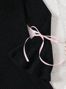 SHEIN Elladie kids Mono de niña con mangas de campana y lazo - Negro - Ver 3