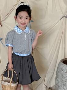 DAZY 2 件套年轻女孩领口拼色针织短袖上衣 + 编织裙夏季服装 - 灰色 - 查看 5