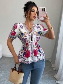 Elenzga Women's Floral Print Tie Front Short Puff Sleeve Casual Blouse