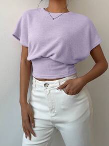 Aloruh Camiseta casual de mujer de cuello redondo, mangas tipo murciélago y unicolor con cintura