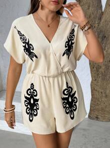 Breezaya Mono de talla grande para mujer con estampado retro de encaje y cuello en V sin mangas, cintura ceñida, hecho de tela tejida, suelto y casual, versátil y cómodo para vacaciones