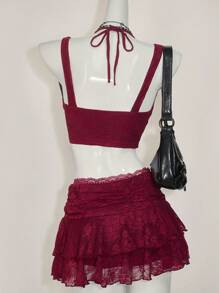 SHEIN ICON Y2K 性感节庆酒红色蕾丝吊带背心和多层迷你裙 2 件套 - 酒紅色 - 查看 8