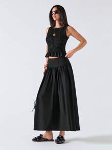 LYSMO Váy dài cạp cao màu trơn đi làm thường ngày cho nữ - màu đen - Xem 4