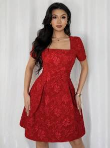 Rafferiza 女士优雅方领提花腰部褶皱短袖 A 字迷你连衣裙 - 紅色 - 查看 5