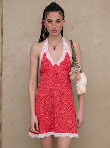 COUREZ Polka Dot Lace V Neck Halter Mini Dress Summer Outfits For Women Y2K Vintage - Orange - View 5