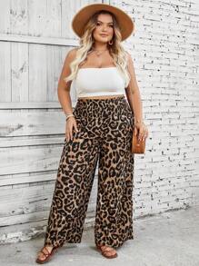 SHEIN CURVE+ 大码花卉豹纹高腰阔腿裤，适合夏季、海滩、音乐节 - 彩色 - 查看 7