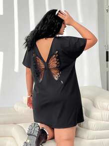 SHEIN EZwear Butterfly Hollow Out Embroidered Casual Plus Size Women Dress - Black - View 2