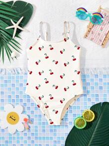 SHEIN 年轻女孩简约休闲细肩带连体泳衣，适合夏季 - 彩色 - 查看 1