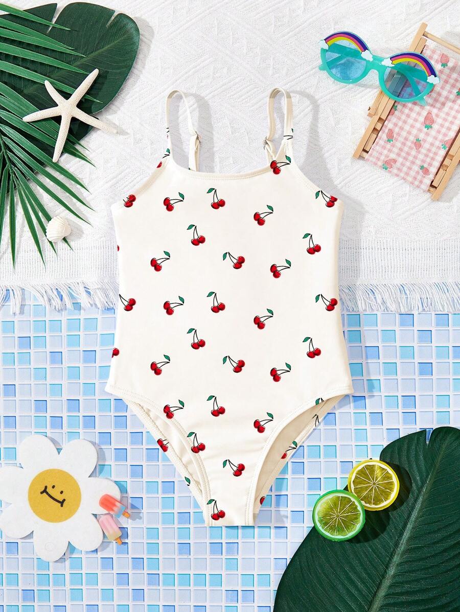 SHEIN 年轻女孩简约休闲细肩带连体泳衣，适合夏季 - 彩色 - 查看 1