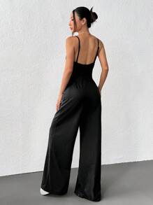 SHEIN EZwear 外出、办公室、女性街头服饰、返校服、派对、日常休闲、吊带背心、针织、弹力、长款、阔腿、黑色、加大码连体裤 - 黑色 - 查看 2