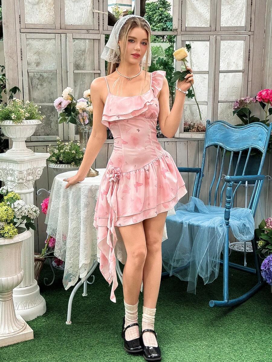 SHEIN Vestido cómodo y casual con dobladillo asimétrico y volantes para adolescentes