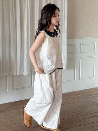 Dazy Kids مجموعة قميص مخطط بألوان متباينة + بنطلون مخطط واسع الساق للفتيات المراهقات، إطلالة صيفية