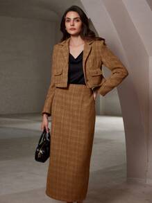 Aveloria Modichic 2pcs French Chic Tweed Notch Collar Jacket And Mini Skirt Set For Women, Autumn Holiday Party Clothes  Fall Cloth For Women