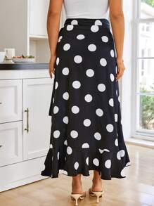 KURAYIA Plus Size Women Polka Dot Print Ruffle Trim Wrapped Hem Skirt - Black - View 2