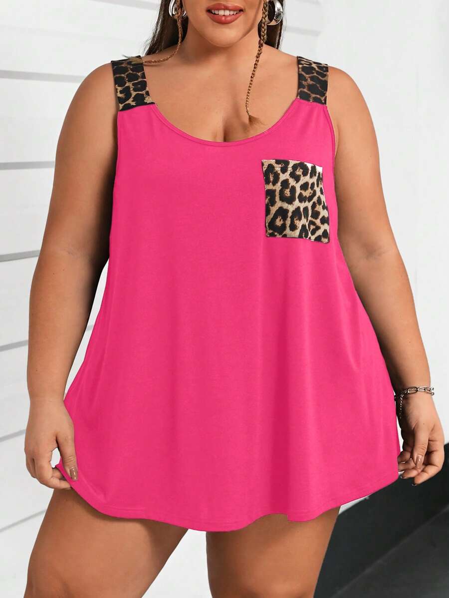 SHEIN CURVE+ Áo ba lỗ cổ tròn không tay cỡ lớn có túi, họa tiết da báo chắp vá, rộng rãi cơ bản - Màu Hồng Tươi - Xem 1