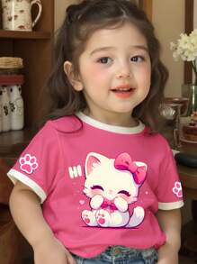 SHEIN Cute Cartoon Cat, Bow & Cat Paw Print Colorblocked Short Sleeve Casual Round Neck Top For Baby Girl, Suitable For Summer - Multicolor - View 1