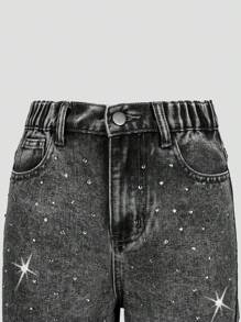 Girls' Grey Fashionable Casual Loose Wide Leg Washed Jeans With Rhinestone Decor - Dark Grey - View 3