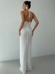 Aloruh New Summer Crochet Dress, Romantic Beach Resort Sexy Hollow Out Crochet Long Dress, Solid White Color Slim Fit Floor Length Beach Cover Up Dress - White - View 3