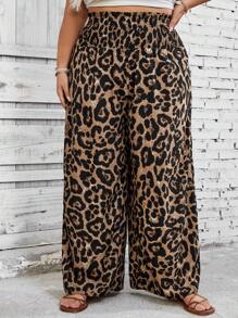 SHEIN CURVE+ 大码花卉豹纹高腰阔腿裤，适合夏季、海滩、音乐节 - 彩色 - 查看 8