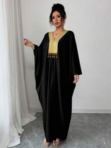 Elenzga Drop Shoulder Linen Mandarin Collar Long Dress - Black - View 3