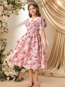 SHEIN Elladie kids 女孩青少年白色蕾丝领短袖花朵印花收腰荷叶边下摆连衣裙 - 彩色 - 查看 8