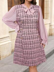 Chikora Plus Size Women Chiffon Sleeve Splice Faux Tweed Knit Print Dress, Metal Button Color Block Elegant Business Commute, Autumn/Winter - Pink - View 10