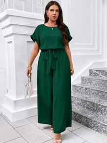 SHEIN Clasi Plus Size Elegant Round Neck Jumpsuit With Waist Belt & Wide Leg,Office Outfits For Women - Dark Green - View 5