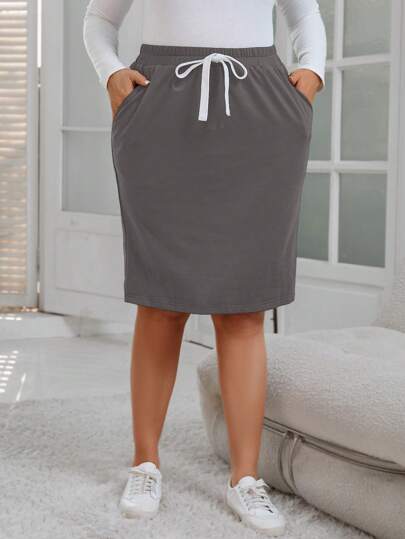 EMERY ROSE Plus Size Women Solid Color Tie Waist Pocket Casual Skirt