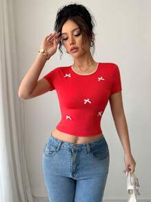 Chiquease Women's Short Sleeve Round Neck Bow Decor Simple Chic T-Shirt, Suitable For Summer - Red - View 3