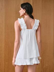 Gloray 2 pièces/ensemble Femme Débardeur en coton tissé sans manches avec short à taille élastique et ourlet à volant, ajustement décontracté et ample