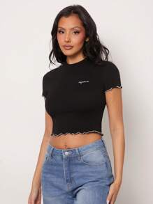 SHEIN Unity Top Aquarius Embroidered Astrology Star Sign Everyday Casual Streetwear Lettuce Hem Birthday Gift Cotton Thanksgiving Christmas NYE New Years Eve Outfits For Women T Shirt - Black - View 4