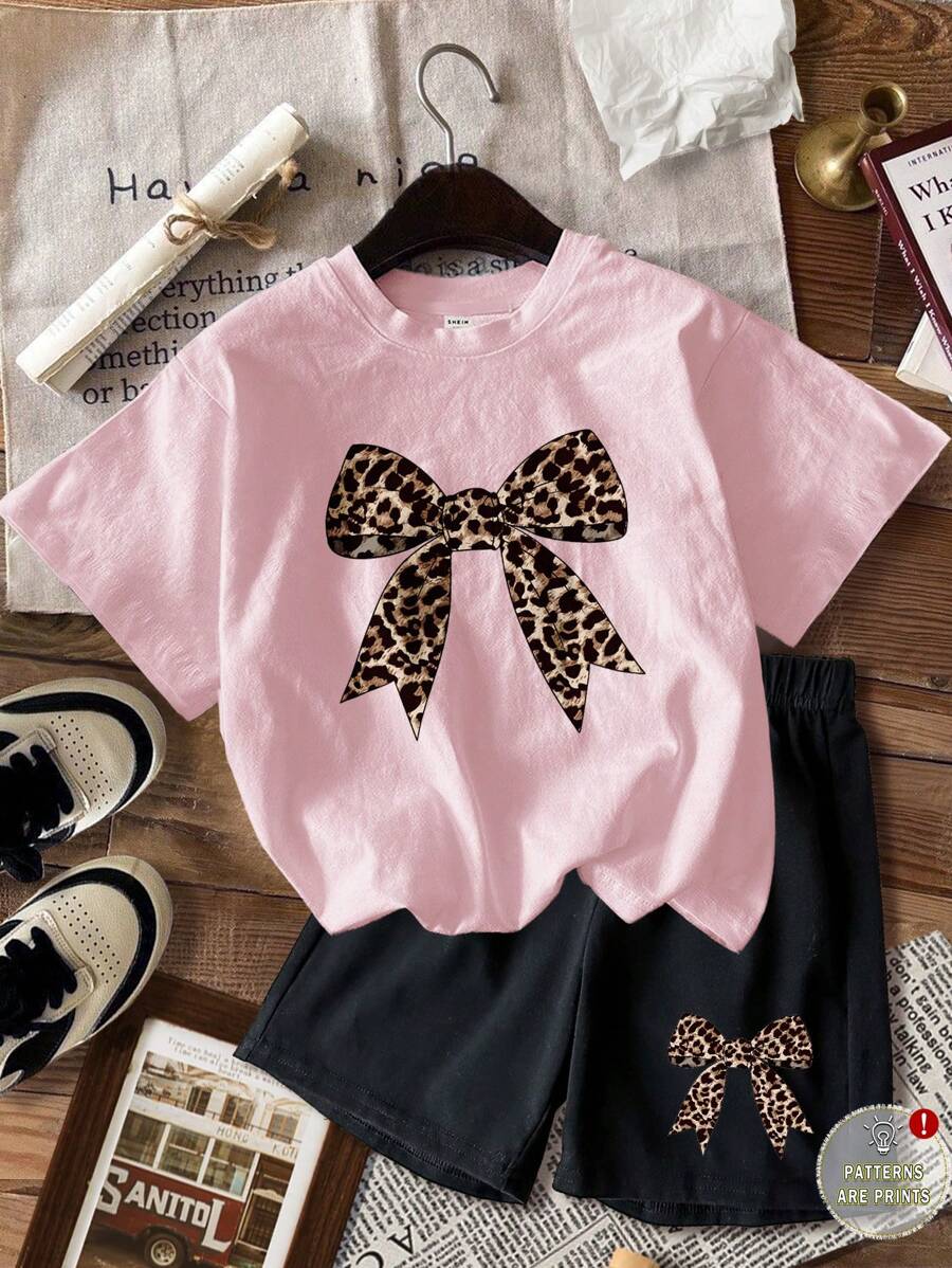 SHEIN Leap Crew 2pcs/Set Tween Girl Casual Simple Short Sleeve T-Shirt And Shorts Set, Suitable For Summer - Pink - View 1