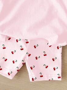 SHEIN Happikins Baby Girl Casual Minimalist Round Neck Short Sleeve T-Shirt & Skinny Shorts 2 Pieces Set, Suitable For Spring/Summer - Multicolor - View 5
