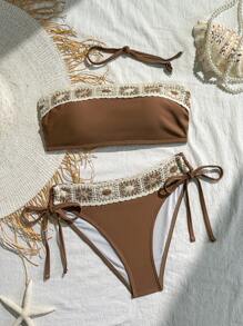 SHEIN Swim Women's Unique Lace Trim Brown Bikini Swimwear With Adjustable Strap Summer Beach Outfit - Brown - View 1