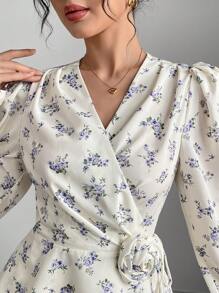 Modelyn 2pcs Women Ditsy Floral Long Sleeve Blouse And Midi Skirt Set, Elegant Holiday Outfit