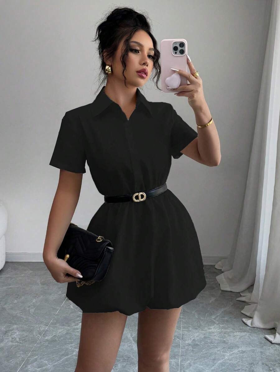 Elenzga Women's Black Summer Elegant Short Sleeve Casual Shirt Mini Dress,Solid Color Office Outfits For Ladies Dining,Fashion Elegant Dresses For Women - Black - View 1