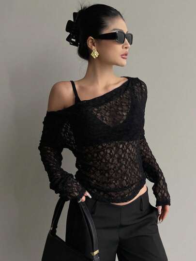 DAZY Blusa corta de ajuste ceñido con cuello asimétrico de encaje, blanco, Blusa de manga larga transparente para mujer, primavera/verano, Ropa de mujer para otoño