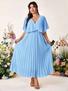 Cravure Plus Size Women Elegant Solid Chiffon Pleated Waist A-Line Midi Dress Wedding Day Wedding Guest